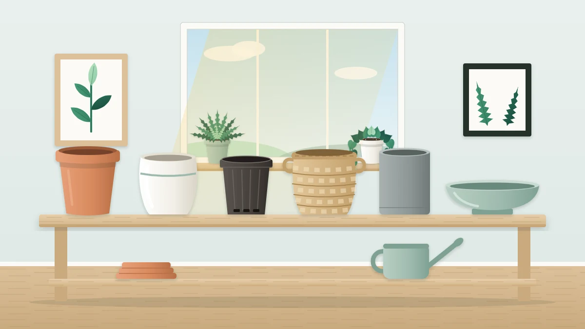A wooden shelf with six empty plant containers in a row, including terracotta, glazed ceramic, plastic, a woven basket and a shallow bowl