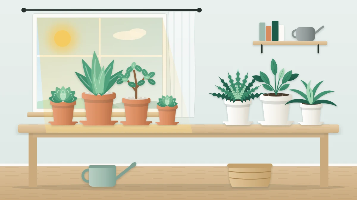 Two plant groups on a wooden table by a window: thick-leaved plants in terracotta in the sunbeam and thin-leaved plants in white pots beside it