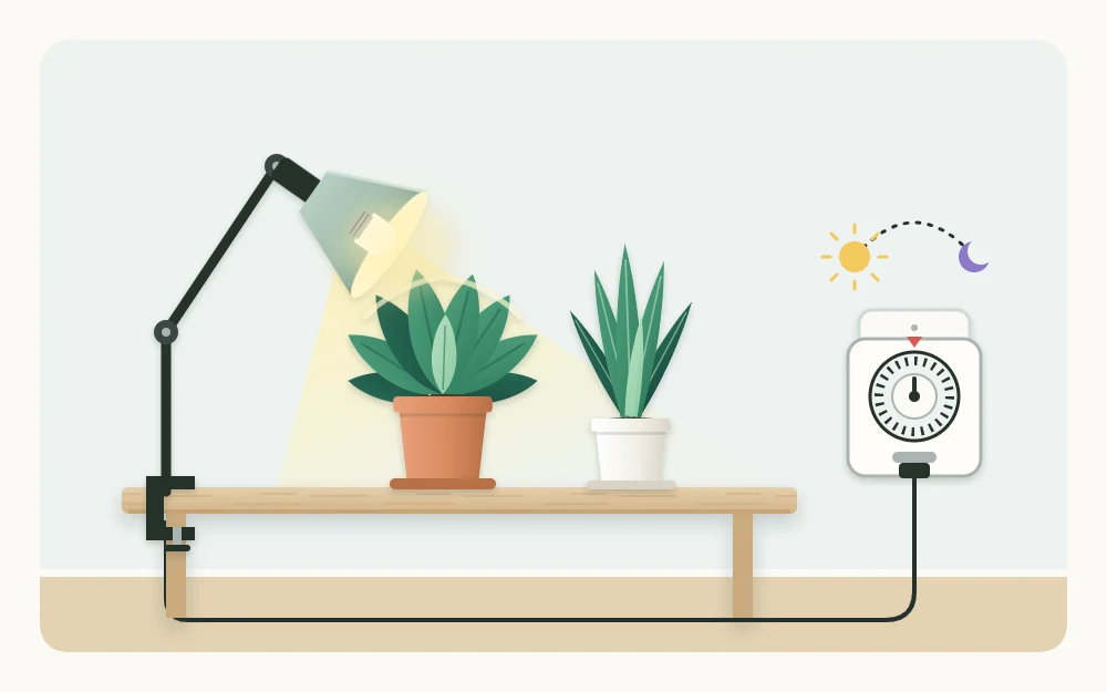 A clamp lamp with an LED bulb aimed down at two potted plants on a table, with a plug-in timer in the wall socket beside it