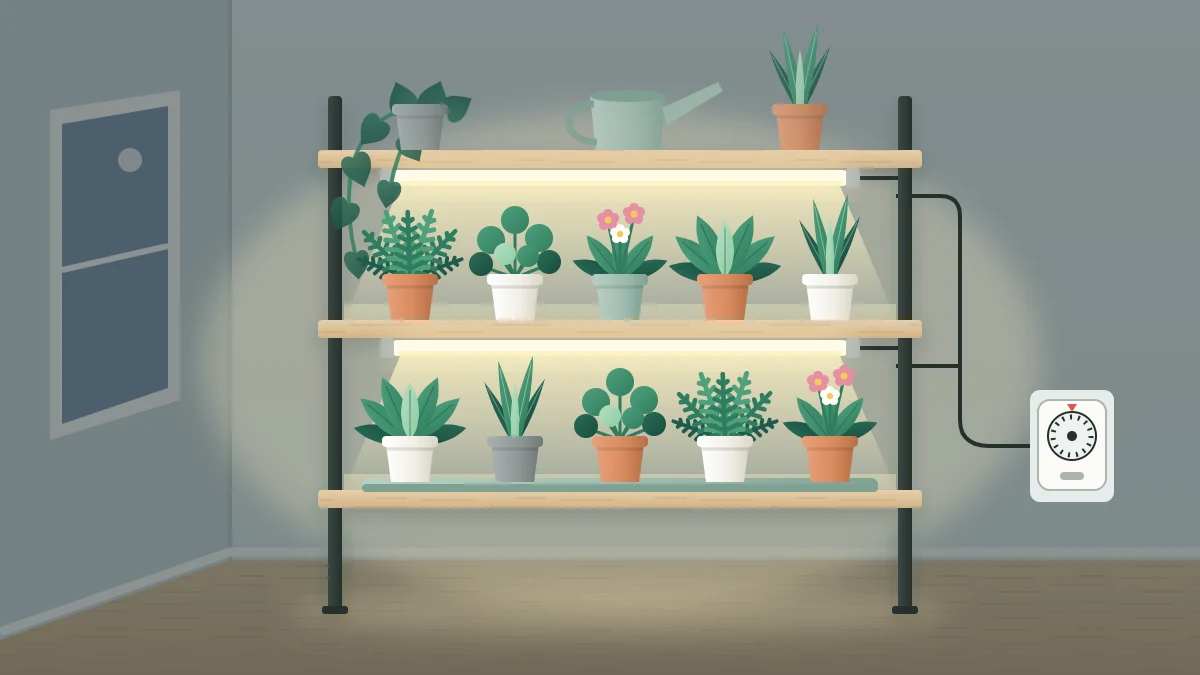 A three-tier plant shelf in a dim room corner with slim LED light bars under the upper shelves lighting rows of small potted plants