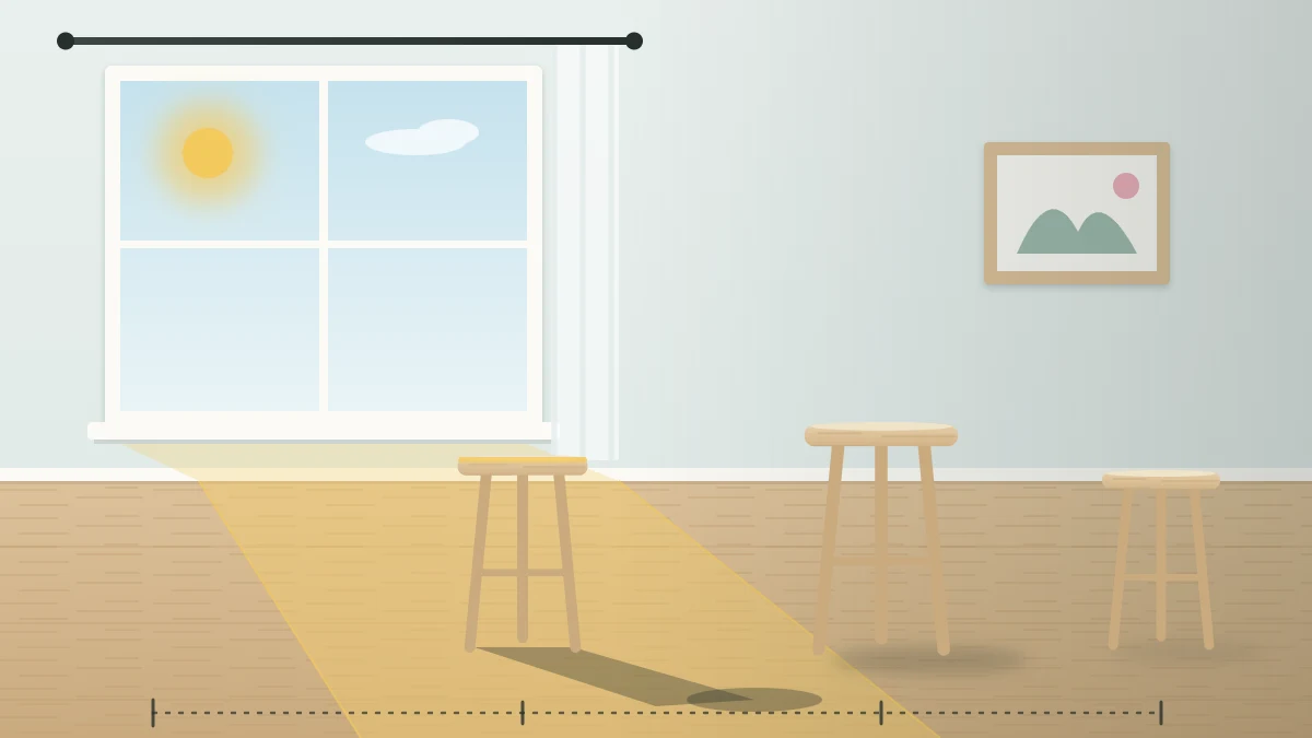 A room with a large window and a slanted sunbeam across a wooden floor, with three empty plant stands at increasing distances from the window