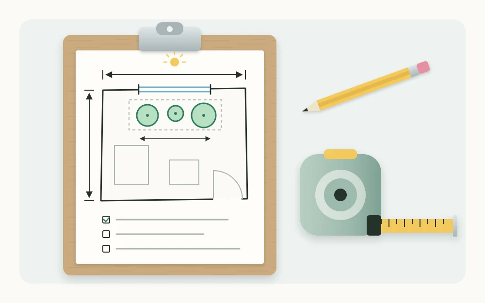 A clipboard with a simple room sketch showing a window and three circles for pots, beside a pencil and a tape measure