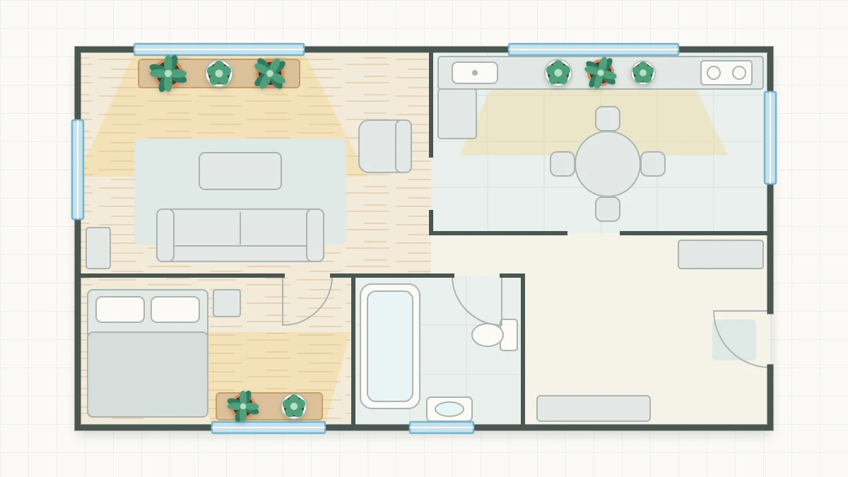 A simple apartment floor plan seen from above with windows marked as pale blue bars and small green plant symbols near three of the windows