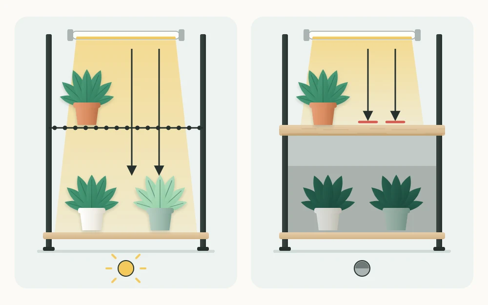 Two shelf levels compared: an open wire shelf letting light pass to plants below, and a solid board shelf casting a shadow beneath it