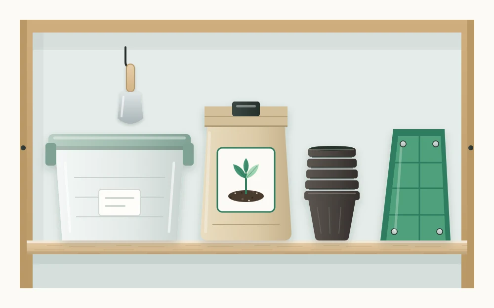 A cupboard shelf holding a lidded storage bin, a closed bag of potting mix, stacked nursery pots and a folded potting tray