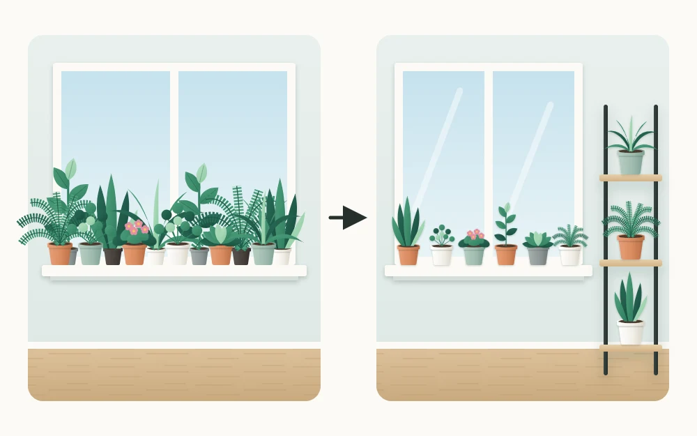 Before and after pair: a jammed sill of twelve small pots, then six well-spaced pots on the windowsill with a slim tiered stand holding three more