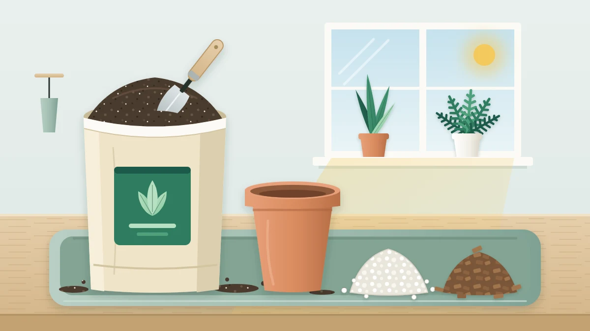 An open bag of dark potting mix on a potting tray with a hand trowel, beside an empty terracotta pot and small heaps of perlite and bark