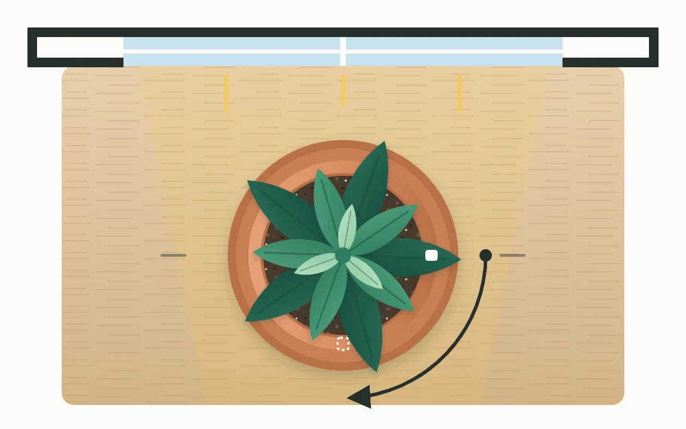 Top view of a round pot on a saucer beside a window edge with a curved arrow showing a quarter turn