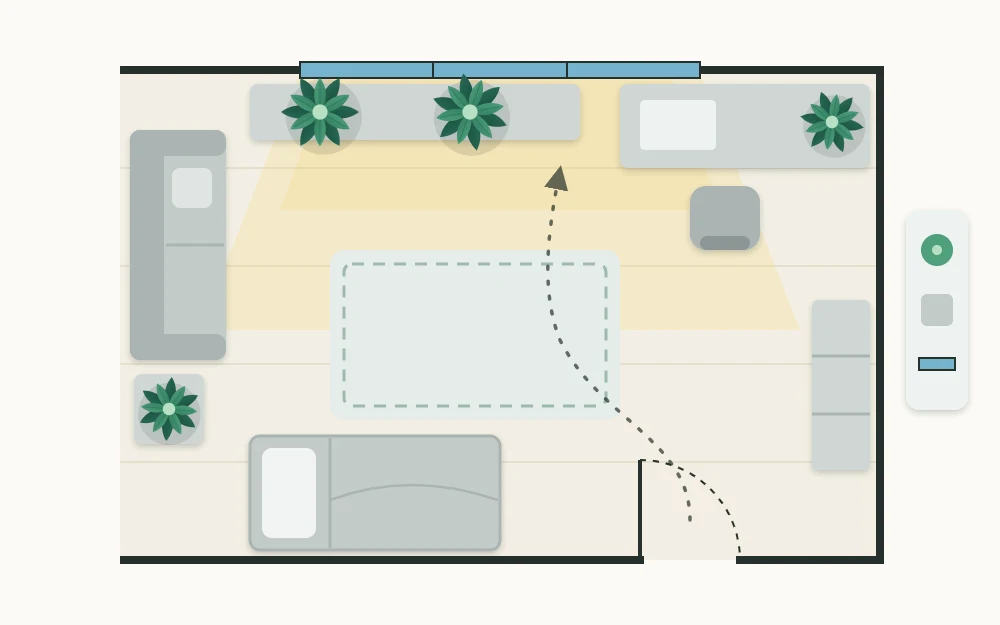 Small room plan seen from above with gray bed, desk and sofa and four green plant spots along the window wall and on furniture tops