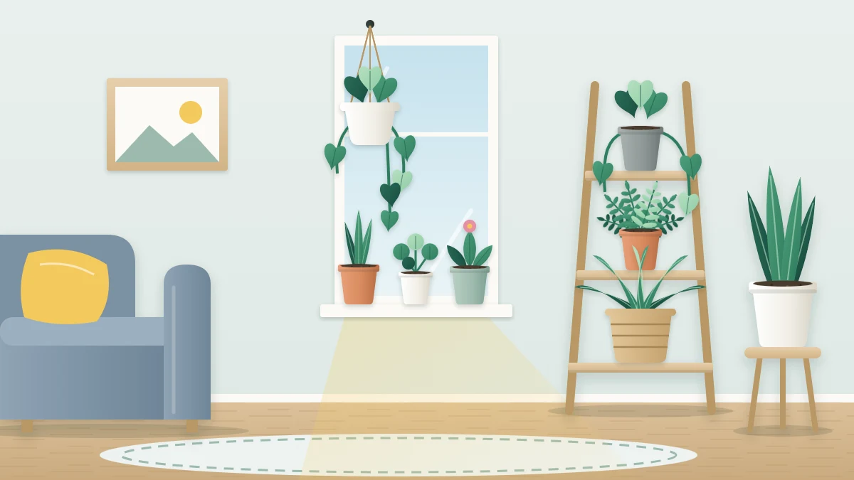Compact studio corner with plants on a narrow windowsill, a slim ladder shelf holding three plants and one hanging planter near the glass