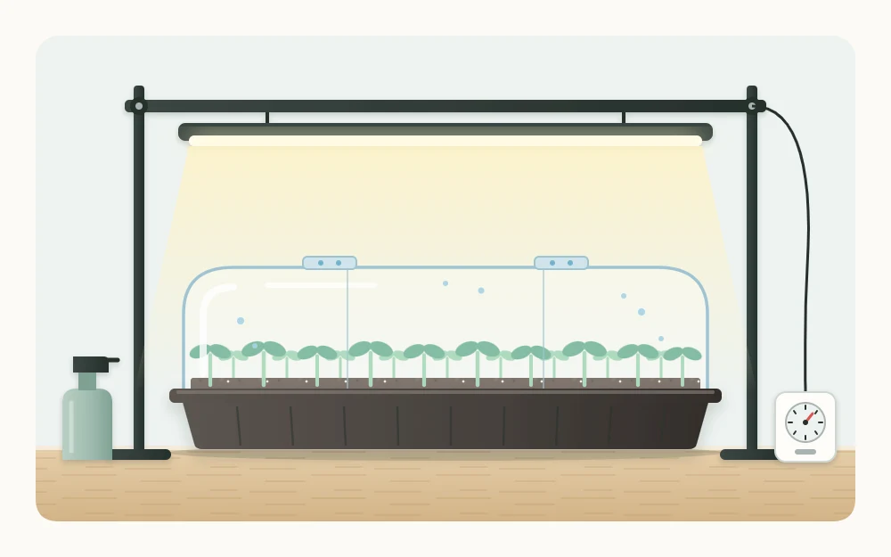 A shallow seed tray with a clear domed cover and small two-leaved seedlings in rows under a slim light bar