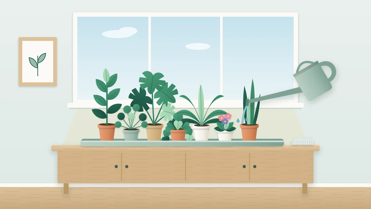 A long-spout watering can pouring into the back row of potted plants standing in a long shallow tray on a wooden sideboard under a window