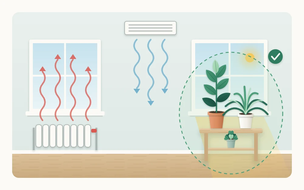 Side view of a room with a radiator under one window and an air vent near the ceiling, and a plant stand at a second window clear of both