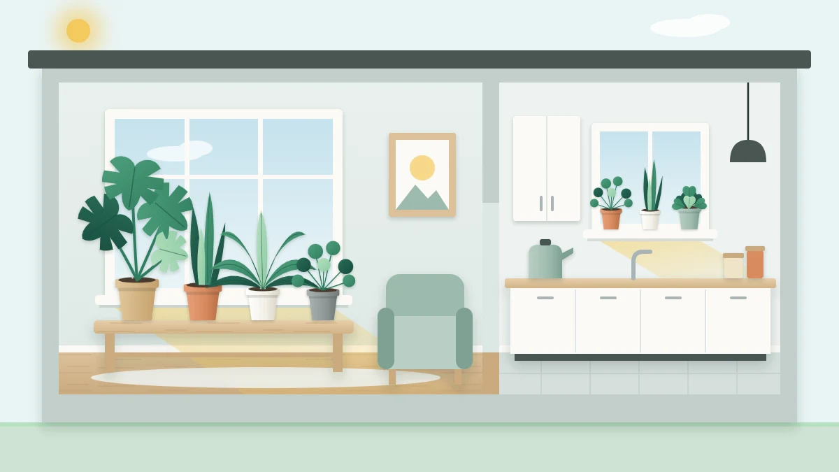 Cutaway side view of a home with a living room plant bench under a large window and a kitchen with plants on a small windowsill