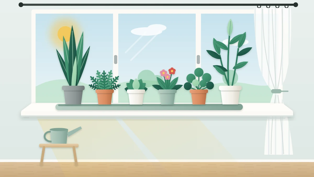 A wide sunny windowsill seen from inside with a long narrow tray of six small potted plants, taller ones at each end, and a sheer curtain pulled aside